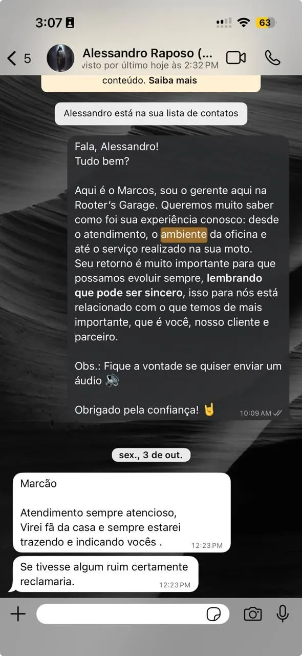 Depoimento no WhatsApp de Alessandro Raposo: "Virei fã da casa e sempre estarei indicando vocês."