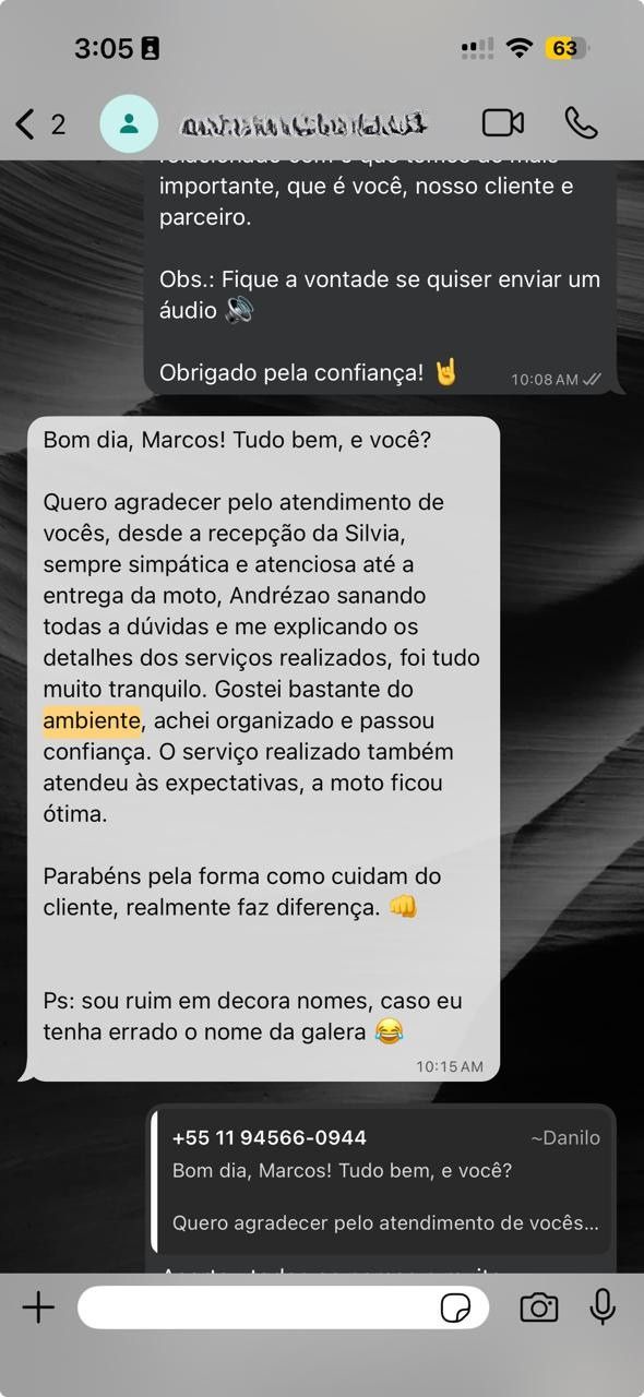 Depoimento no WhatsApp de Danilo elogiando atendimento e ambiente da Rooter's Garage.