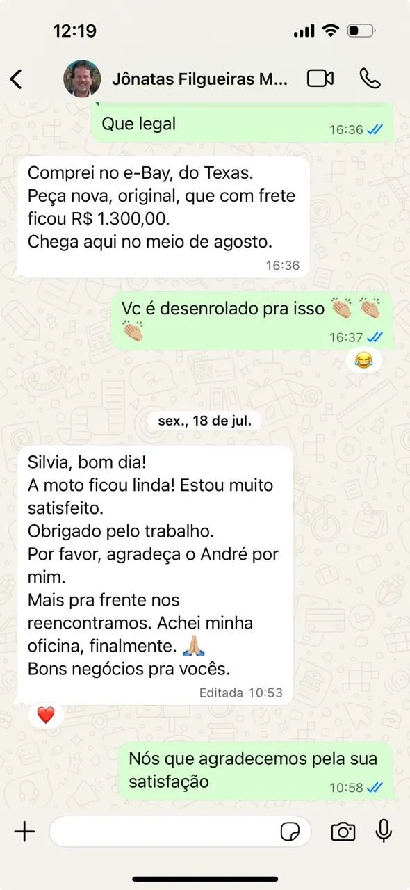 Depoimento no WhatsApp de Jônatas Filgueiras: "Achei minha oficina, finalmente. A moto ficou linda!"