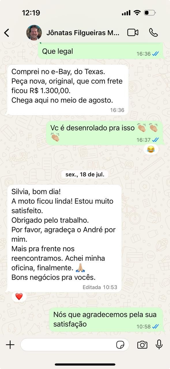 Depoimento no WhatsApp de Jônatas Filgueiras: "Achei minha oficina, finalmente. A moto ficou linda!"