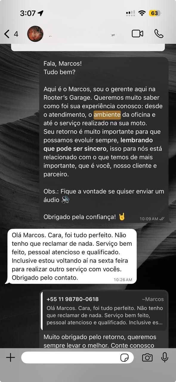 Depoimento no WhatsApp de Marcos: "Foi tudo perfeito, serviço bem feito e pessoal atencioso."