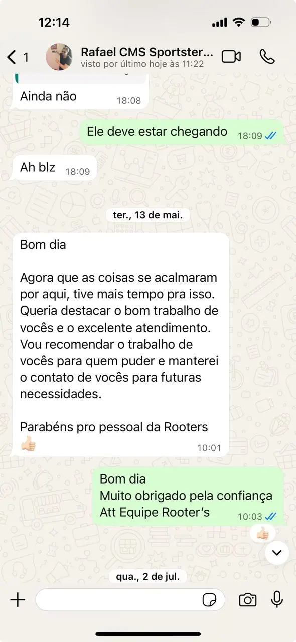Depoimento no WhatsApp de Rafael (Sportster CMS): "Bom trabalho e excelente atendimento, vou recomendar."