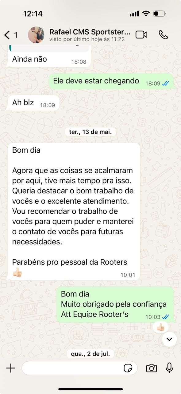Depoimento no WhatsApp de Rafael (Sportster CMS): "Bom trabalho e excelente atendimento, vou recomendar."