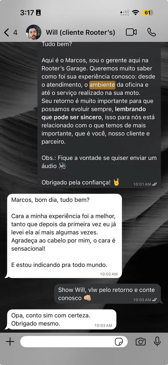 Depoimento no WhatsApp de Will: "Minha experiência foi a melhor, estou indicando pra todo mundo."