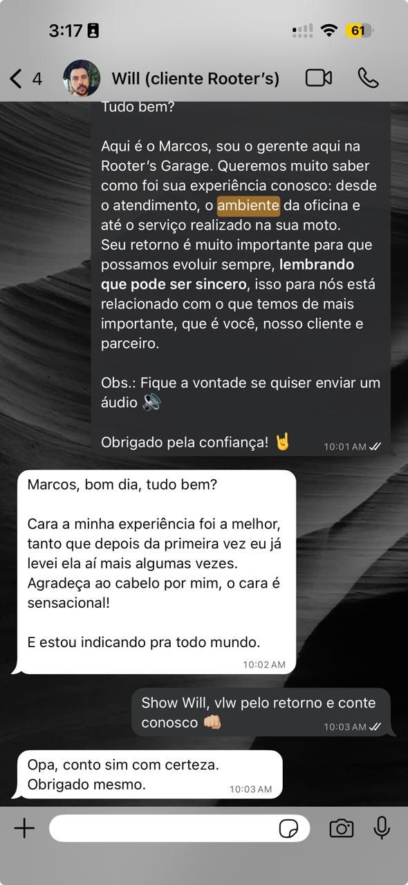 Depoimento no WhatsApp de Will: "Minha experiência foi a melhor, estou indicando pra todo mundo."